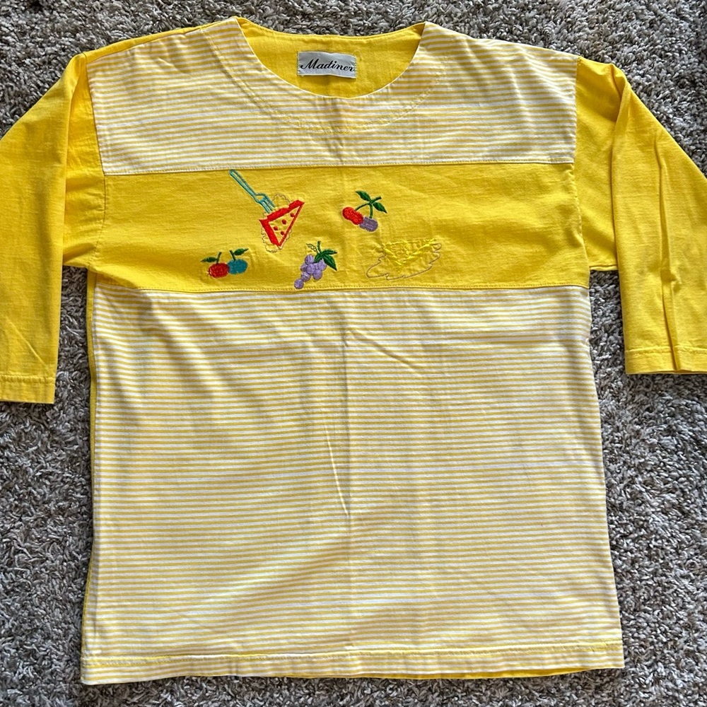 Yellow Striped Women's Blouse with Fruit Embroidery